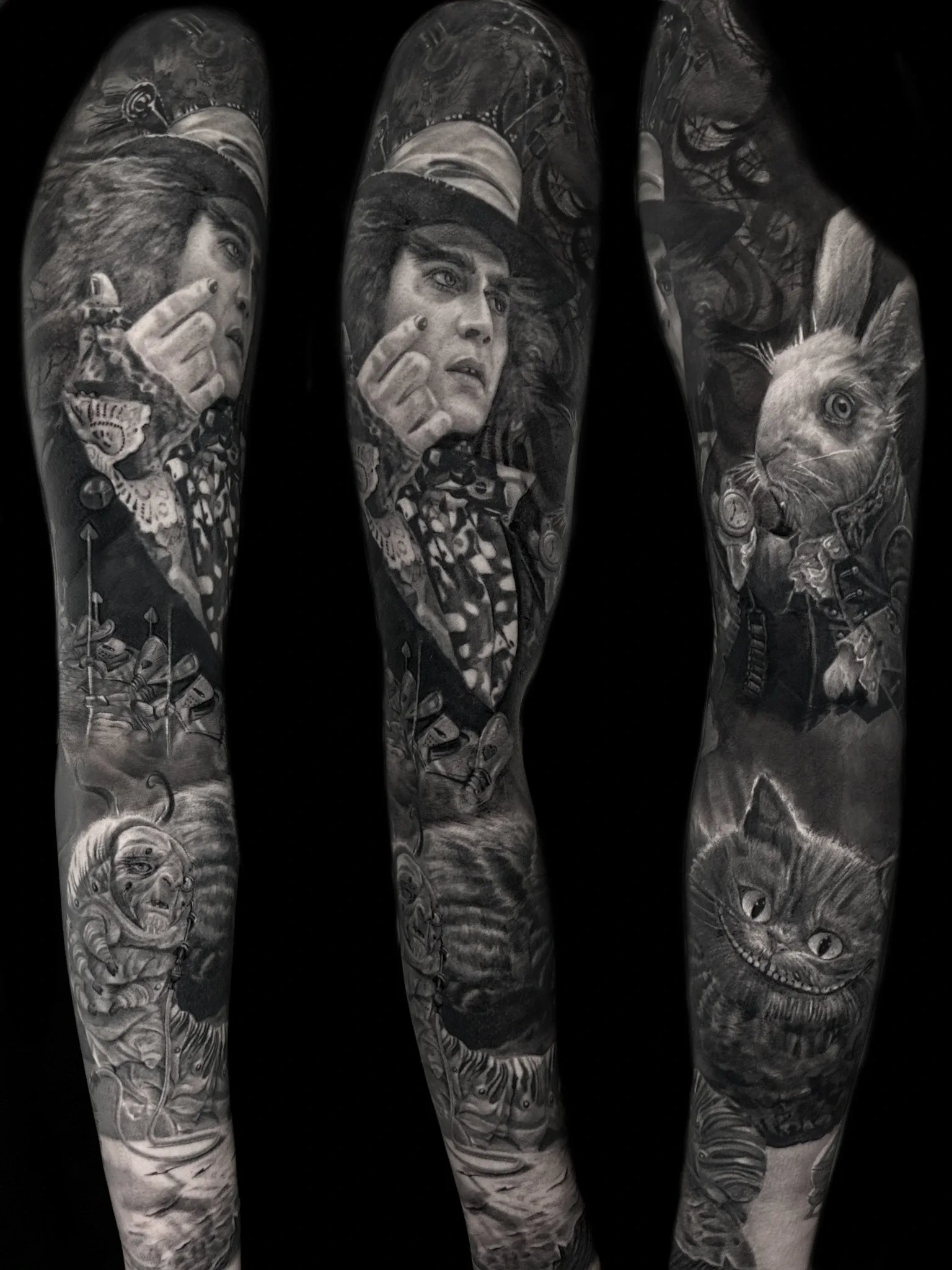 Alice-im-Wunderland-Sleeve von Ruby mit Hutmacher, Kaninchen und Grinsekatze in drei Ansichten