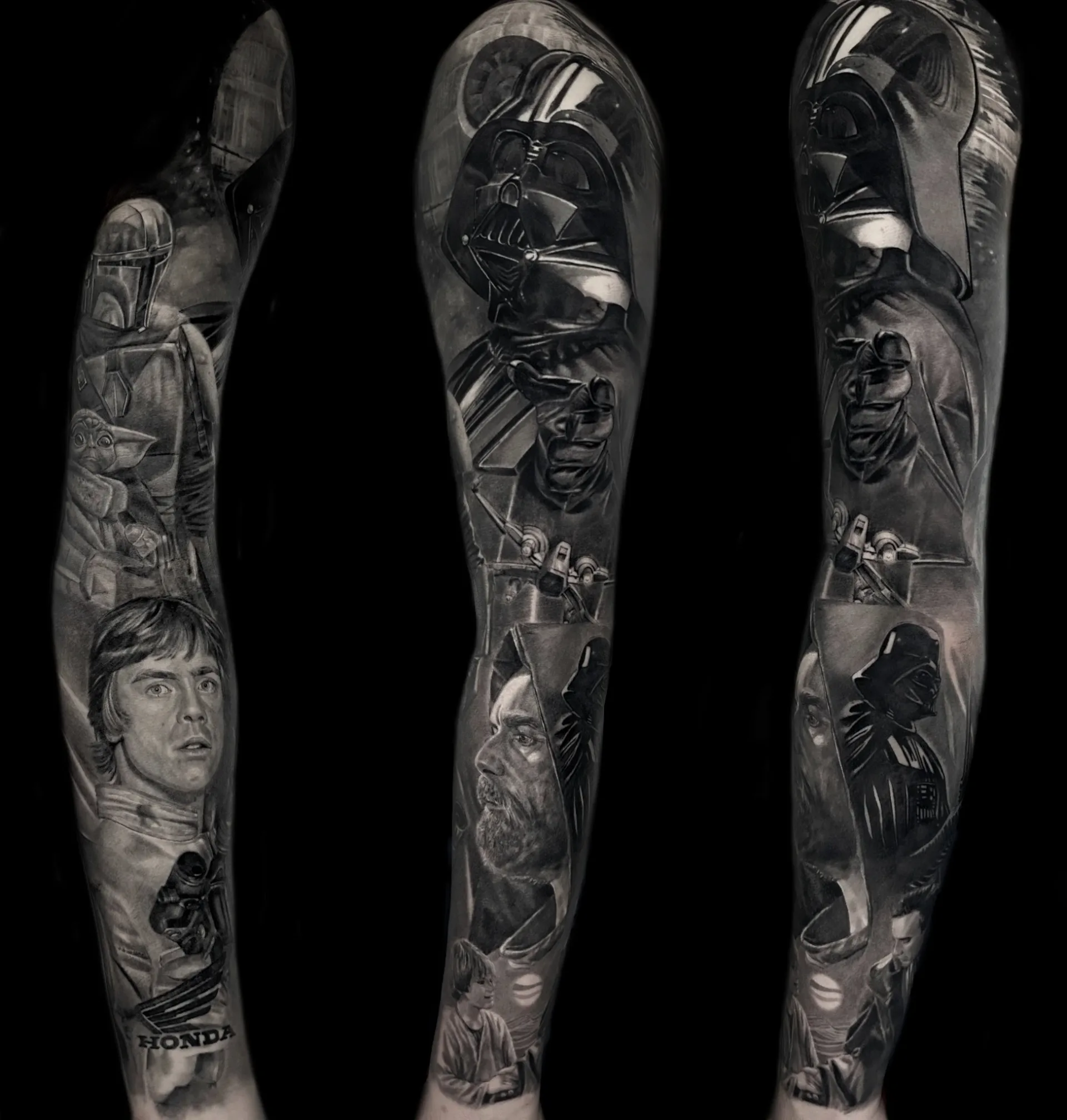 Star-Wars-Sleeve von Ruby mit Darth Vader und weiteren Figuren in drei Ansichten